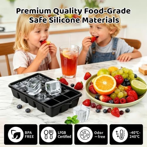Silicone Ice Cube Trays, Easy Release Ice Cube Molds with Removable Lid, Freezer Stackable Ice Trays for Whiskey, Cocktail, Drinks and Food, Freezer, BPA Free