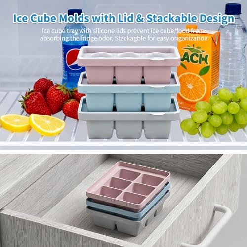 Large Silicone Ice Cube Tray Set of 3, Easy Release 6 Flexible Silicone Ice Cube Molds with Removable Lid, Reusable Freezer Stackable Ice Trays for Whiskey, No Floater, BPA Free