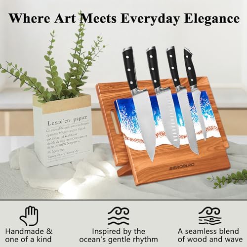 Wooden Magnetic Knife Holder – Freestanding Knife Block with Cutting Board Holder, Countertop Magnetic Knife Stand in Acacia Wood with Resin Design