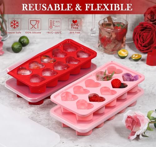 Webake 4-Pack Heart Ice Cube Trays with Lids, Silicone Valentine’s Heart-Shaped Molds for Chilling Whisky, Cocktails & Beverages, Also Ideal for Making Chocolate, Soap & Wax Melts