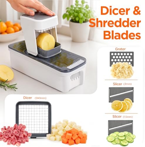 7-in-1 Vegetable Chopper – Mandoline Slicer Dicer with Container, Easy Tap Chop Food Cutter, 7 Interchangeable Blades for Onion Potato Cucumber, Kitchen Essentials Gift