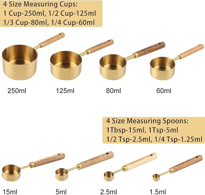 8 Piece Measuring Cups and Spoons Set Stainless Steel Measuring Cups and Spoons with Wood Handle for Dry and Liquid Ingredients(Golden)