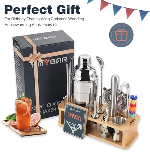 HMYBAR® 22-Piece Cocktail Shaker Set, Mixology Bartender Kit with 24oz Cobbler Shaker, Home Bar Tool Set with Natural Bamboo Stand, 39 Recipe Cards, Glass Markers, Gift for Men & Dad