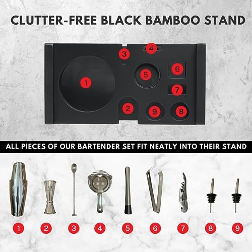 Hawke & Hanley Premium Boston Cocktail Shaker Set Bartender Kit - 12 Piece Mixology Bar Set with Weighted Boston Shaker, Bar Tools and a Black Bamboo Stand | Housewarming Gift Ideas