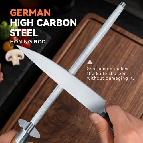 Honing Rod 10'', German High Carbon Steel Knife Sharpener Rod with Premium Gift Box, Professional Fine Sharpening Stone Kitchen Knife Whetstone with Natural Wood Handle, 10 inch
