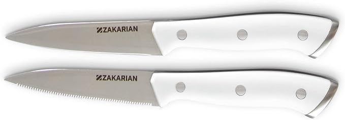 Zakarian by Dash 2 Piece Chef Grade German Steel Paring Knife Set with Smooth and Serrated Blades for Chopping, Dicing, Mincing, Slicing and More – White