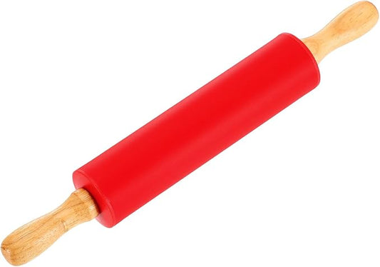 uxcell 6.7 Inch Silicone Rolling Pin, Small Dough Roller with Wood Handle for Pizza Pastry Fondant Kitchen, Red