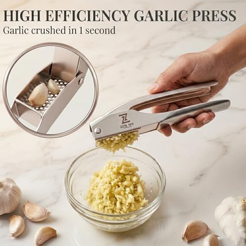 Zen MD 304 Stainless Steel Garlic Press, Heavy Duty Mincer & Crusher Tool, No Peeling Needed, Large Capacity Garlic Press and Masher, Easy Squeeze Presser, Rustproof Dishwasher Safe Kitchen Gadget