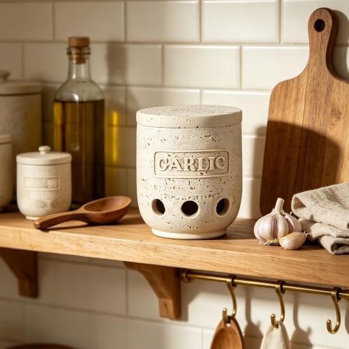 Polytree Handmade Beige Travertine-Look Garlic Keeper with Lid – Farmhouse Kitchen Countertop Garlic Storage Container for Fresh Garlic Cloves, Rustic Garlic Saver for Gift