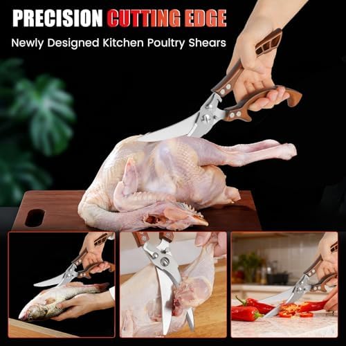 ANDONG Kitchen Scissors, Heavy Duty Professional Poultry Shears, Stainless Steel Spring Loaded, Dishwasher Safe, with Black Leather Sheath