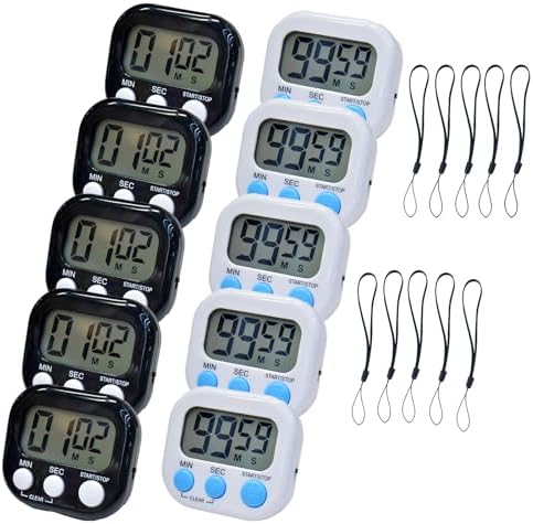 2 Pack Small Digital Kitchen Timer Magnetic Back and On/Off, Classroom Timers for Teachers Kids, Count Up Count Down Loud Alarm Stop Memory Function for Cooking Study Work Exercise (5, Black+White)