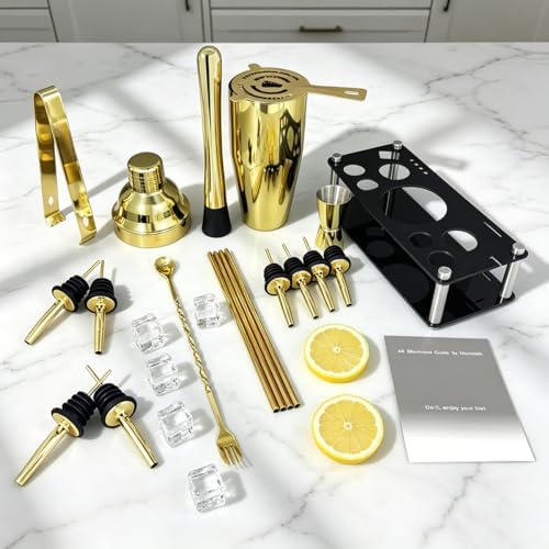 14-Piece Cocktail Shaker Set with Stand, Bartender Kit, 25oz Shakers, Bar Set Cocktail Shaker Set, Jigger for Bartending Kit, Drink Mixer Set, Cocktail Set Recipes Booklet Home, Bar, Party (Gold)