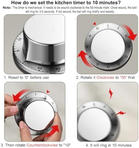 Mechanical Kitchen Timer Countdown Magnetic Stainless Steel for Egg Cooking