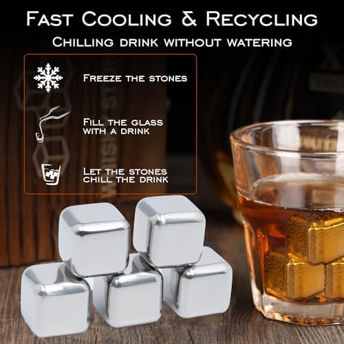 Whiskey Stones, Whiskey Stone Gift Set, 6 Stainless Steel Cubes, Burbon Gifts Cool Presents for Men Dad Husband Boyfriend, Unique Anniversary Birthday Wedding Gift Ideas - by Angde