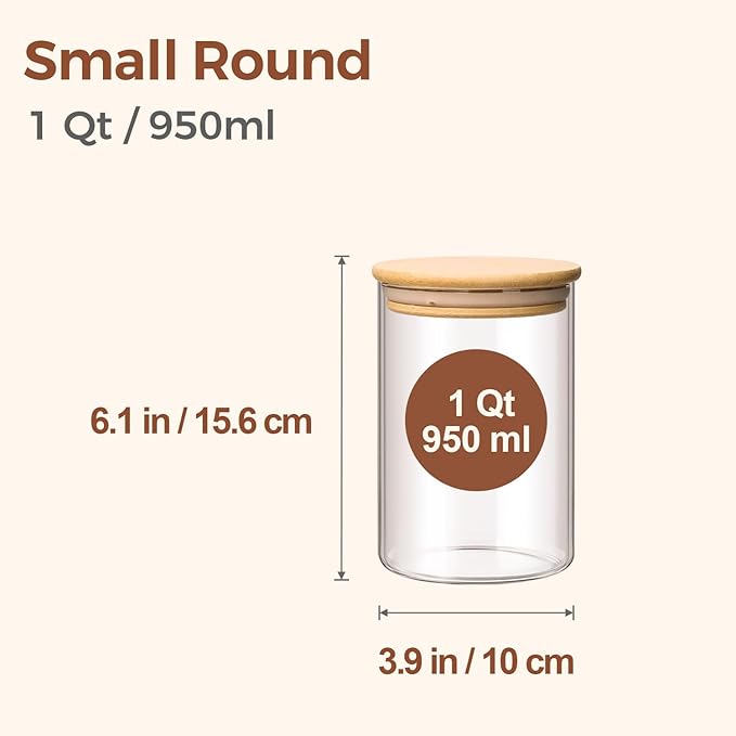 ComSaf Glass Storage Containers wtih Lids 1 Qt, Set of 6 Food Storage Jars | Round Glass Jars With Bamboo Lids, Kitchen Canisters 32oz, Pantry Organizers, Tea, Spice, Coffee, Dry Food Storage, BPA Free