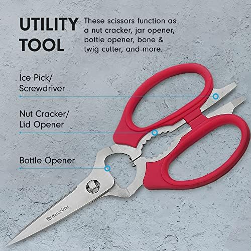 Messermeister 8-Inch Take-Apart Kitchen Scissors, Red - Includes Screwdriver, Nut Cracker, Jar Lid Opener/Gripper, Bottle Opener & Bone + Twig Cutter - Suitable for Lefties & Righties