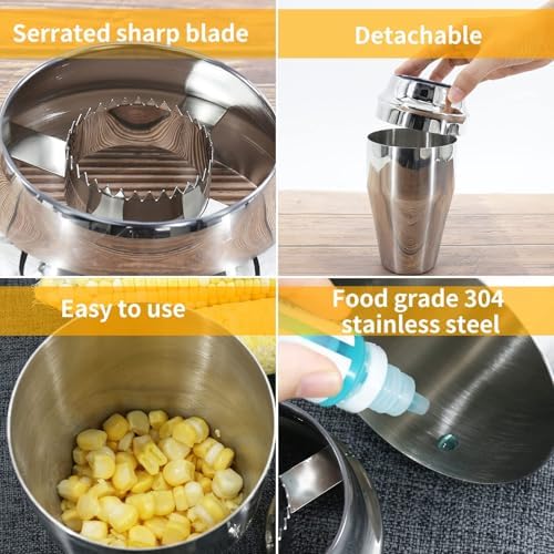 Newness Corn Stripper Peeler & Cutter with Cup, 304 Stainless Steel Cob Thresher, Off-Cob Kernel Remover & Slicer with Serrated Blade for Home & Kitchen