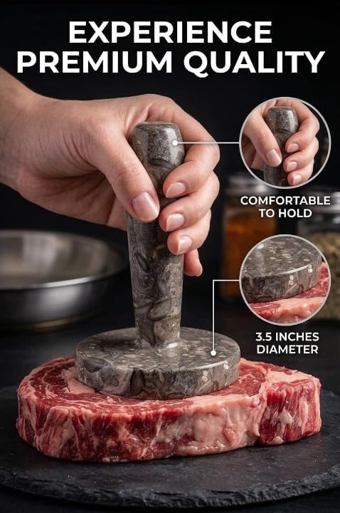 Marble Meat Pounder Tenderizer 5" Inches Oceanic Handmade Round Chicken Flattener Tool - Works Great As A Smash Burger Press - Meat Flattener for Steak, Chicken, Pork