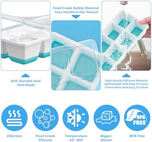 Large Ice Cube Tray, 4 Piece Silicone Ice Cube Tray with Lid for Whiskey, Cocktails, Beer, Wine, Refrigerated Drinks, BPA Free, Stackable Reusable (Green+Blue+Yellow+Pink)