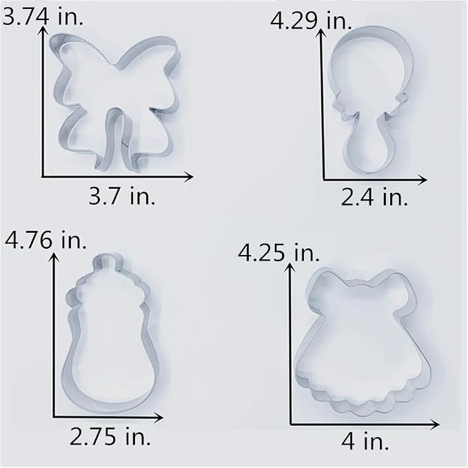 LILIAO Baby Shower Cookie Cutter Set - 6 Piece - Feeding Bottle, Rattle, Heart, Carriage, Princess Dress and Bow/Ribbon Biscuit Fondant Cutters - Stainless Steel