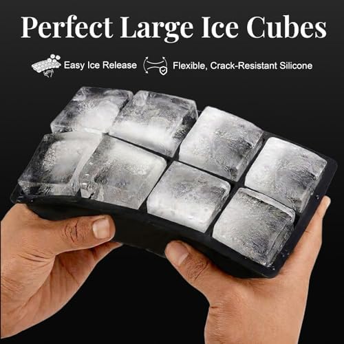 Large Silicone Ice Cube Tray - 3 Pack Trays for 8 Square Cubes with Large Bin, Scoop, Tong & 2 SS Straws - Easy Release Ice Mold for Whiskey, Cocktails, Coffee (Black)