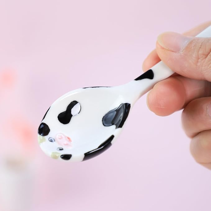 Ceramic Cow Pattern Measuring Spoons Set for Dry or Liquid with Measuring Cup Set, 4 PCS Kitchen Measuring Baking Spoons Cooking Measuring Spoons for Kitchen Baking Tool Utensil Set