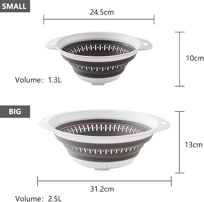 Collapsible Colander and Strainer,Silicone Strainer Colanders & Food Strainers,for Vegetable and Fruit, Kitchen Essentials (2, White, 2.5L+2.5L)