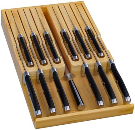 Domax Bamboo In-Drawer Knife Block - Kitchen Drawer Organizer Insert, Steak Knife Holder without Knives, Fits 12 Knives and 1 Sharpening Steel (Not Included), Natural