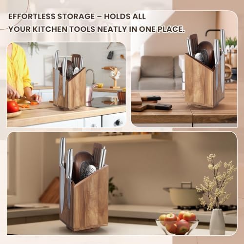Magnetic Knife Block Without Knife Wood Utensil Holder 360° Rotatable Magnetic Knives Holder Organizer 9.65 x 5.5 Inches Universal Magnet Organizer Large Acacia Wood Kitchen Farmhouse Countertop Cook