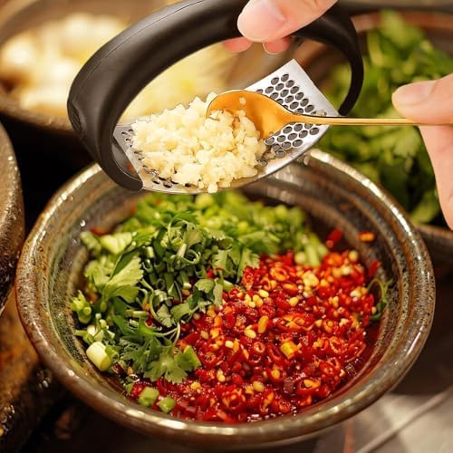 Garlic Press Rocker 2026 New,Portable Manual Stainless Steel Garlic Press Rocker Crusher Masher with Garlic Peeling Drum for Home Kitchen Utensils Garlic Crusher (2PCS)
