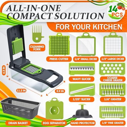 14-in-1 Vegetable Chopper with Container, 6 Blades & Finger Guard