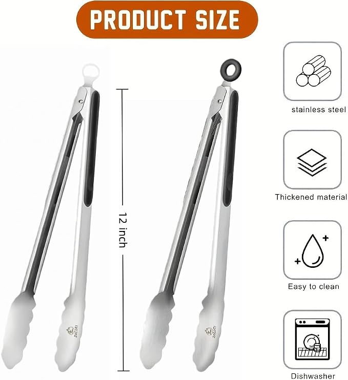 Tongs for Cooking 2 PCS of 12" | Stainless Steel, 2-in-1 Locking Bottle Opener Built-in, Heat Resistant Silicone Grips, For Grilling Camping BBQ Kitchen