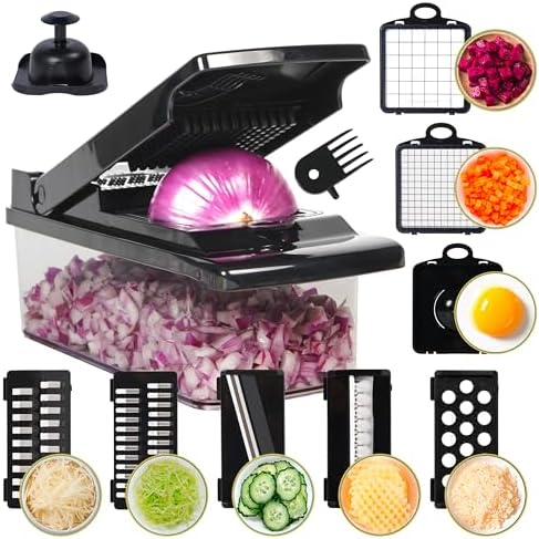 SANTOZZ Multifunctional Vegetable Chopper with Container, Vegetable Cutter with Interchangeable Blades, Onion Slicer, Garlic Grinder, Dicer for Potato, Carrot Chopper