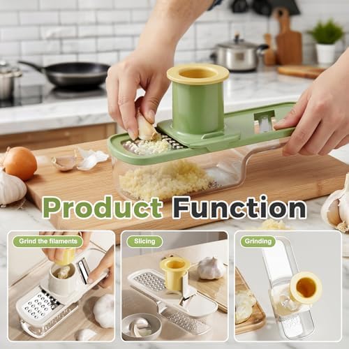 Manual Garlic Mincer, 3 in 1 Clear Manual Garlic and Garlic Slicer, Multi-Functional Garlic Press with Container Compact Garlic Mincer Tool, Ginger, Herbs Kitchen Gadget (White)