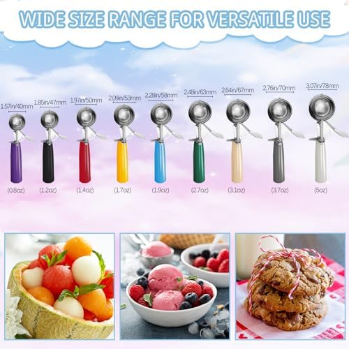 Hsei 9 Pcs Ice Cream Scoops Stainless Steel Cookie Portion Scoop with Handle for Baking Food Cookie Dough Cupcake Batter (Many Color,40mm to 78mm)