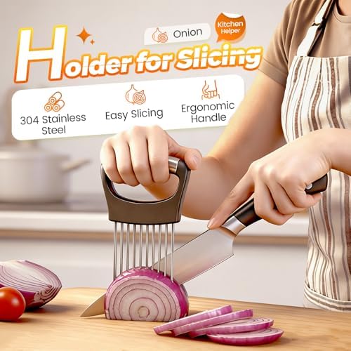 Onion Holder for Slicing, 2026 New Stainless Steel Onion Slicer Vegetable Chopper,Cutter for Meat, Onion, Potato, Tomato,Fruit,Food Slicer Assistant Tool,kitchen gadgets (Black 1PC)