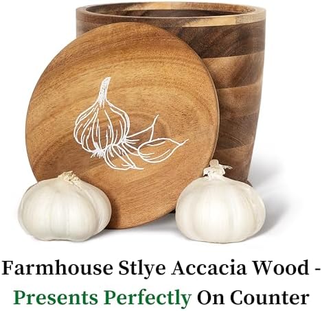 The Garlic Shack Acacia Garlic Keeper For Counter With Lid. Large 5.6 Inch