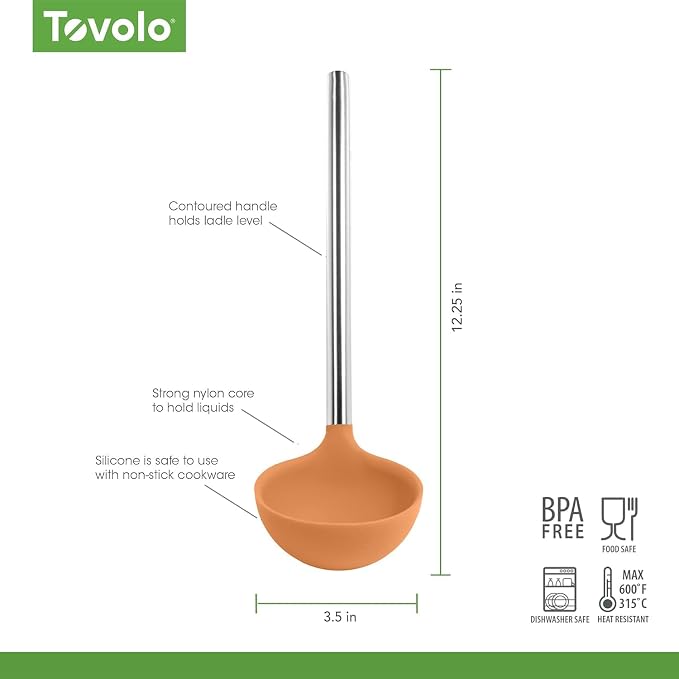 Tovolo Silicone Ladle With Stainless Steel Handle Deep Soup Ladle for Cooking Canning Serving Soup Punch Stew Sauce, Large Kitchen Utensil Spoon Dishwasher Safe BPA Free Silicone Apricot Orange