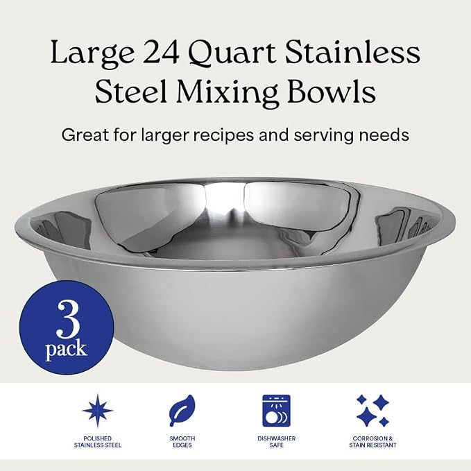 WHYSKO® Large Mixing Bowls, Set of 3 Stainless Steel 24 Quart Bowls for Restaurants, Food Service, Caterers and Home Kitchen Use, Rust Proof Bowls Great for Meal Prep, Baking, Serving, Food Storage