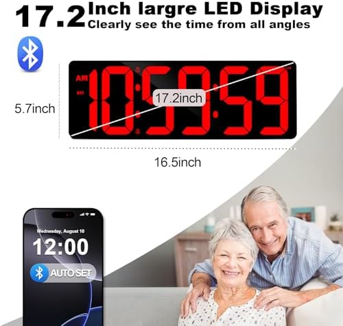 TXL 17.2" Bluetooth Digital Wall Clock with Seconds, Large Countdown Timer for Classroom Home Gym Kitchen Office, Alarm Clock with Remote Control, 4 Dimmable Brightness, Auto DST (Red)