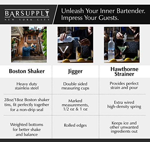 Professional Boston Cocktail Shaker Set | 4-Piece Bar Set | Stainless Steel 304 | 28oz/18oz Weighted Shaker Tins | Hawthorne Strainer | Double Sided Jigger | Recipe Booklet | Bartender Kit (Silver)