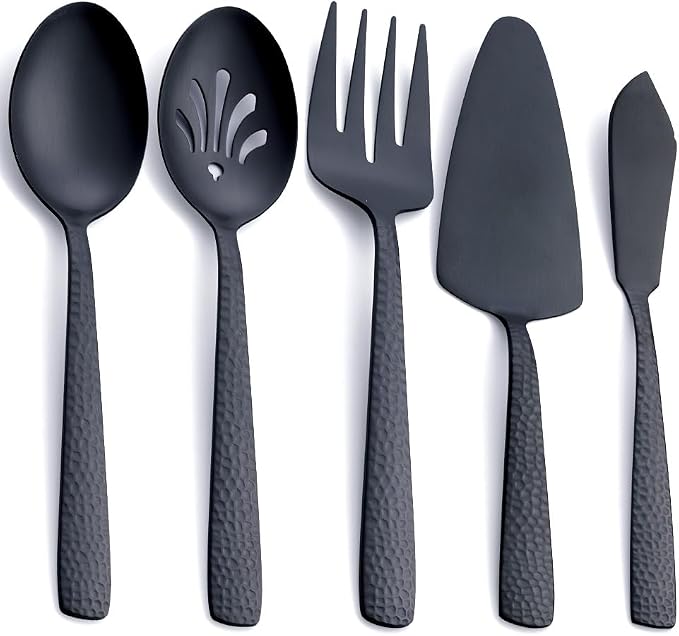Stainless Steel Large Serving Set, Matte Black - 5-Piece Set Includes Spoon, Slotted Spoon, Fork, Pie Server and Butter Knife