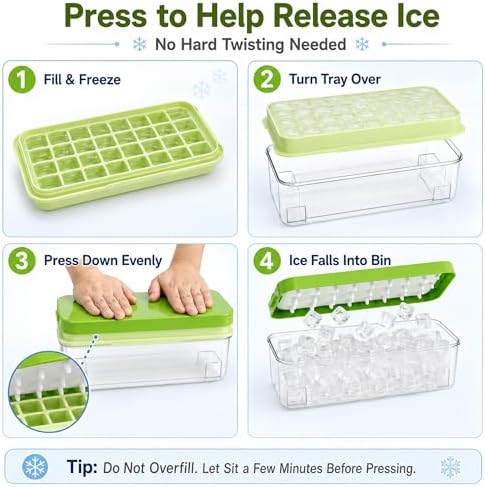 Ice Cube Tray with Lid and Bin - 32-Cube BPA-Free Silicone Ice Mold Set - Easy Press-Release, Compact Single-Layer Design, No-Spill, Odor-Resistant, Ice Scoop Included - Perfect for Freezers, RVs