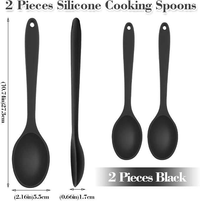 Silicone Spoons for Cooking, 2 Pcs Black Large Serving Spoon Heat Resistant Cooking Spoon Utensils Nonstick Mixing Kitchen Spoons for Cooking, Baking, Serving, Mixing and Stirring, Dishwasher Safe