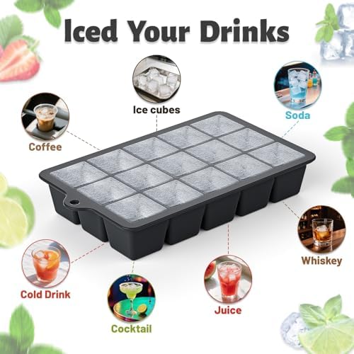 Silicone Ice Cube Tray 3 Pack - EASY RELEASE ice cube tray with lid, BPA Free Ice Cubes Trays for Freezer,ice cube mold for Cocktail,Whiskey (Black+Grey+Mint)