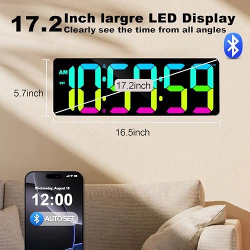 TXL 17.2" Bluetooth Digital Wall Clock with Seconds, Large Countdown Timer for Classroom Home Gym Kitchen Office, Alarm Clock with Remote Control, 4 Dimmable Brightness, Auto DST (RGB)