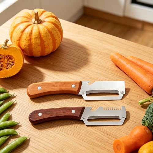 Kitchen Multi-Function Stainless Steel Thickened Fruit Peeler Knife Thickened Wooden Handle Kitchen Peeling Tools A [Wooden Handle, 1.8 Cm Thick, 2 Pieces] 2-In-1 Peeler + Box