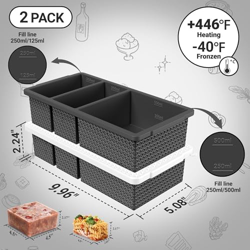 Silicone Freezer Trays with Lid (2-Pack), 1-Cup & 2-Cup Silicone Freezer Molds, Stackable Soup Cubes Freezer Tray with Lid for Portion Control, Food Storage & Meal Prep, Oven & Dishwasher Safe