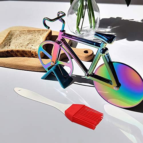 Bicycle Pizza Cutter Wheel, Supuca Stainless Steel Bike Pizza Slicer with BBQ Brush and Stand, Non-Stick Dual Cutting Wheels - Cool Kitchen Gadget Gift