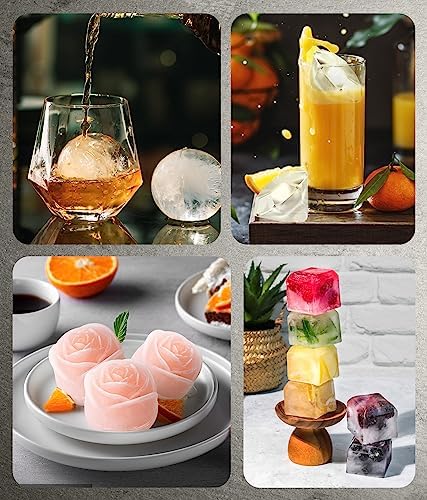 Ice Cube Tray with Lid, Silicone Ice Molds with Round, Square, Diamond, Rose, Large Ice Cube Mold for Whiskey, Bourbon, Cocktails, Easy Release BPA Free, Set of 2 (Pack of 2)